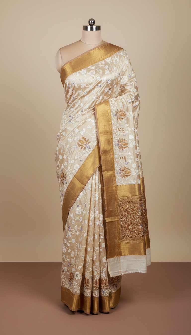 Ivory Silk Chikanakri Saree